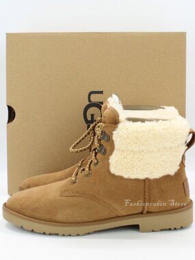 UGG Romely Heritage Suede Boot US 7 Chestnut Lace Up UGGplush Trim Collar